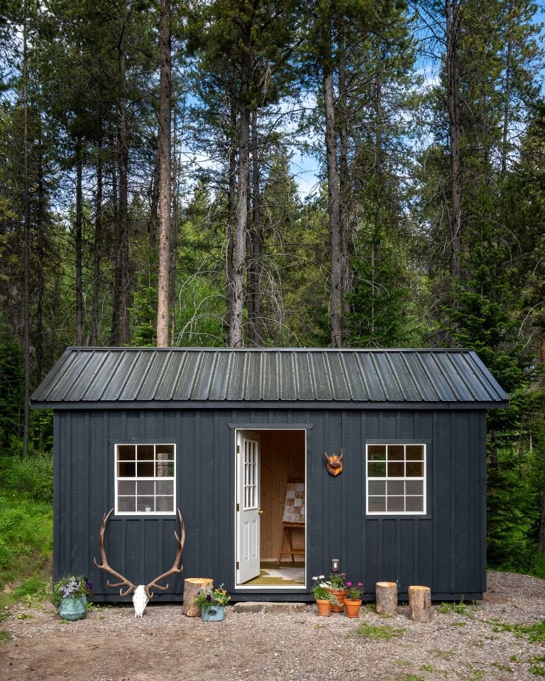 a small black shed with deer antlers on the roof
